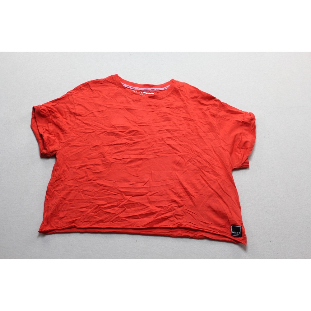 DKNY Sport T-Shirt Women Large Red Excellent Cropped Boxy Raw Hem Short Sleeve